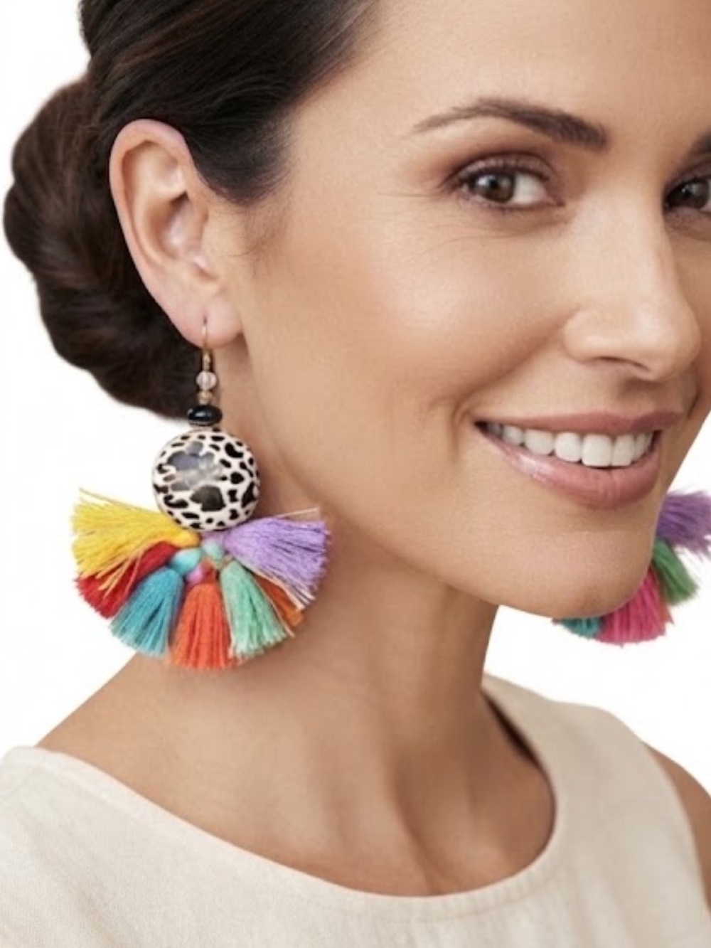 Eclectic Animal Print Rainbow Tassel Dangle Earrings Artisan Boho Festival
C1